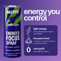 Energy and focus spray can with branding and product details on a purple background