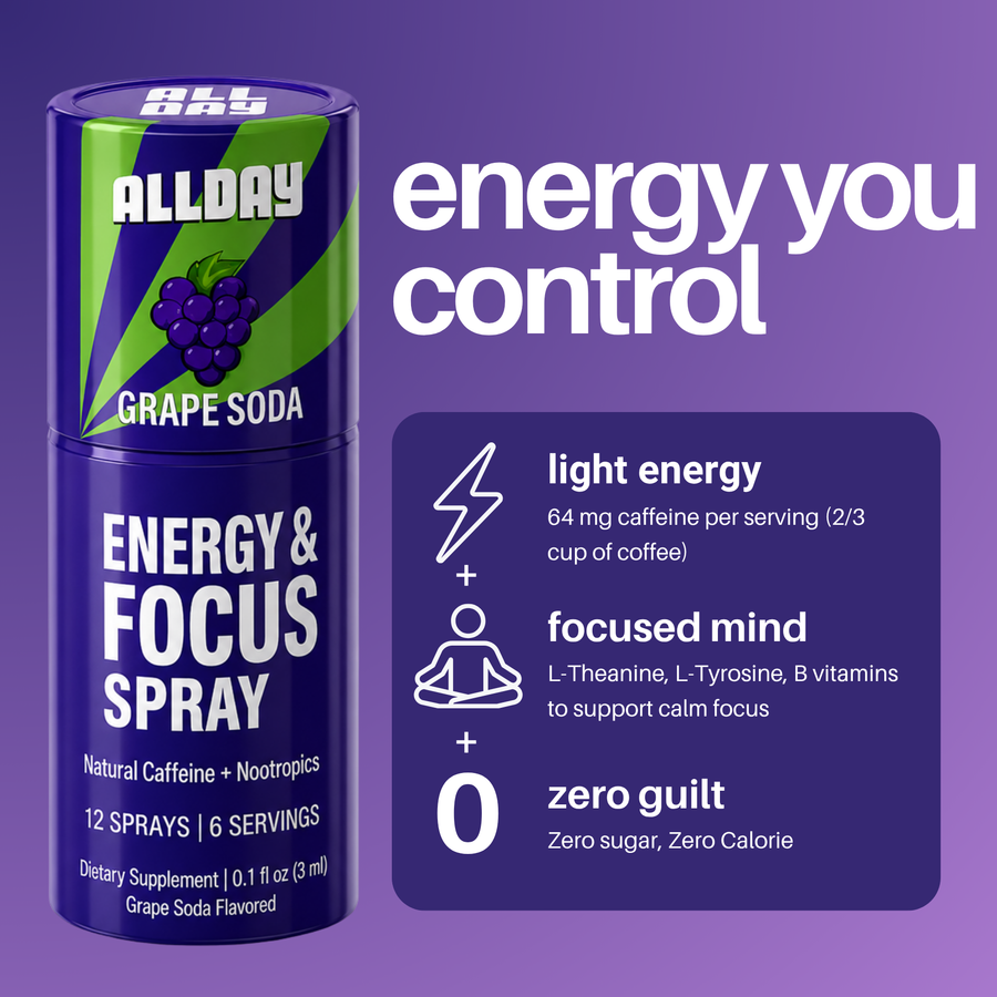 Energy and focus spray can with branding and product details on a purple background