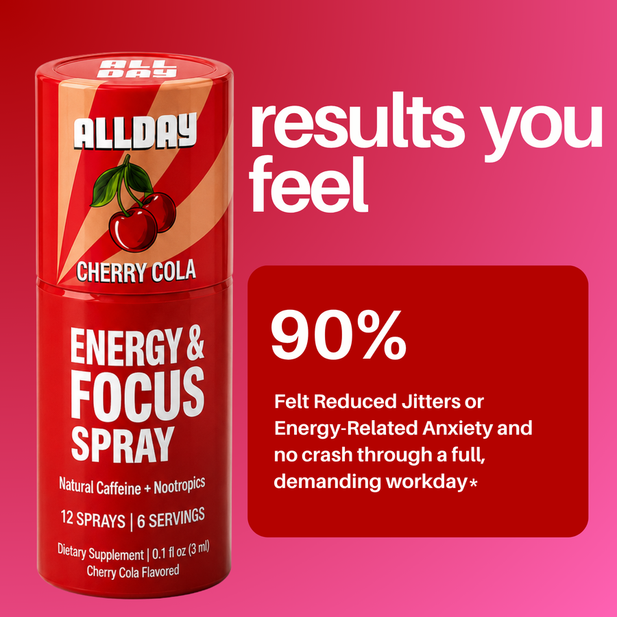 Red energy and focus spray can with cherry cola flavor on a pink background