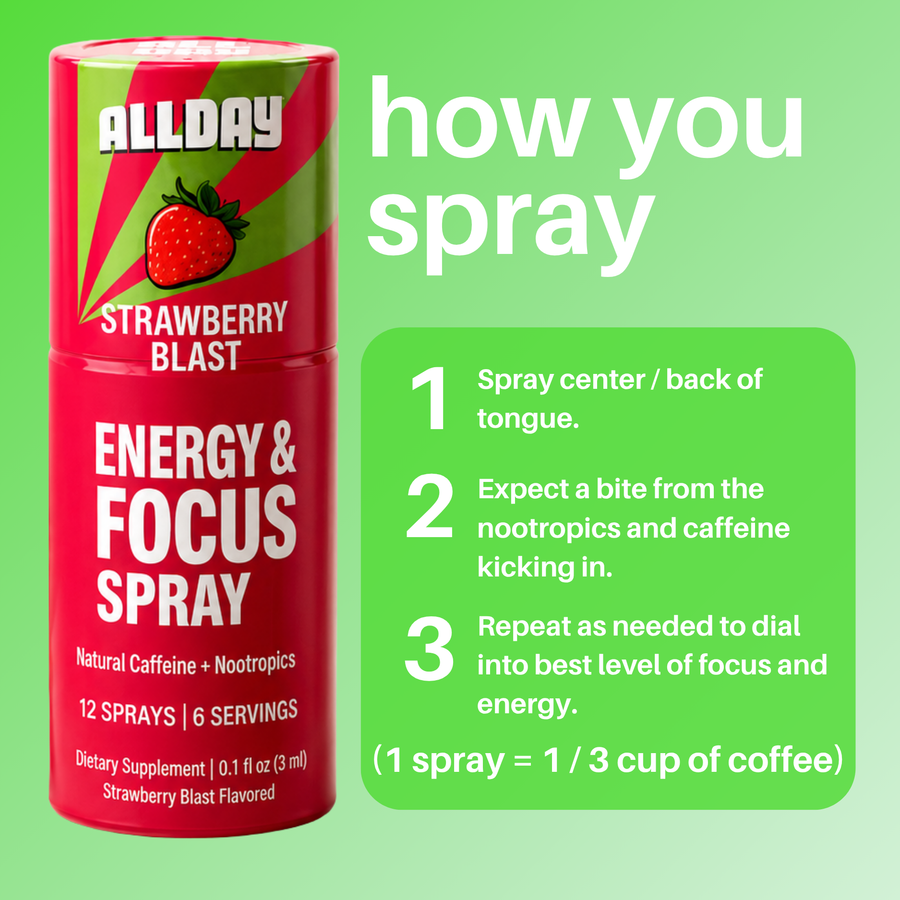 Strawberry Blast energy and focus spray with usage instructions on a green background