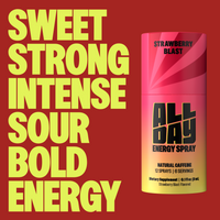 Energy spray can with text on a red background