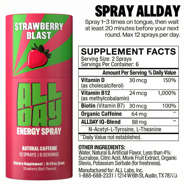 Allday Energy Spray container with supplement facts.