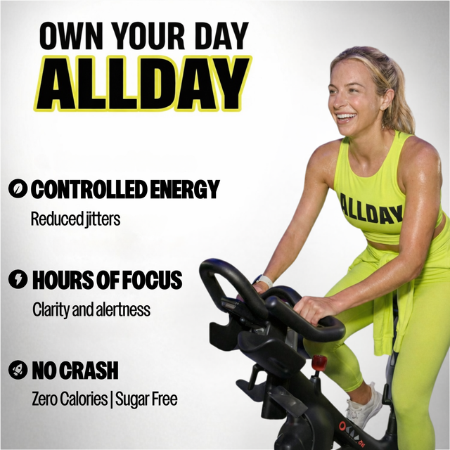 Text on benefits of allday with women in allday gear on bicycle