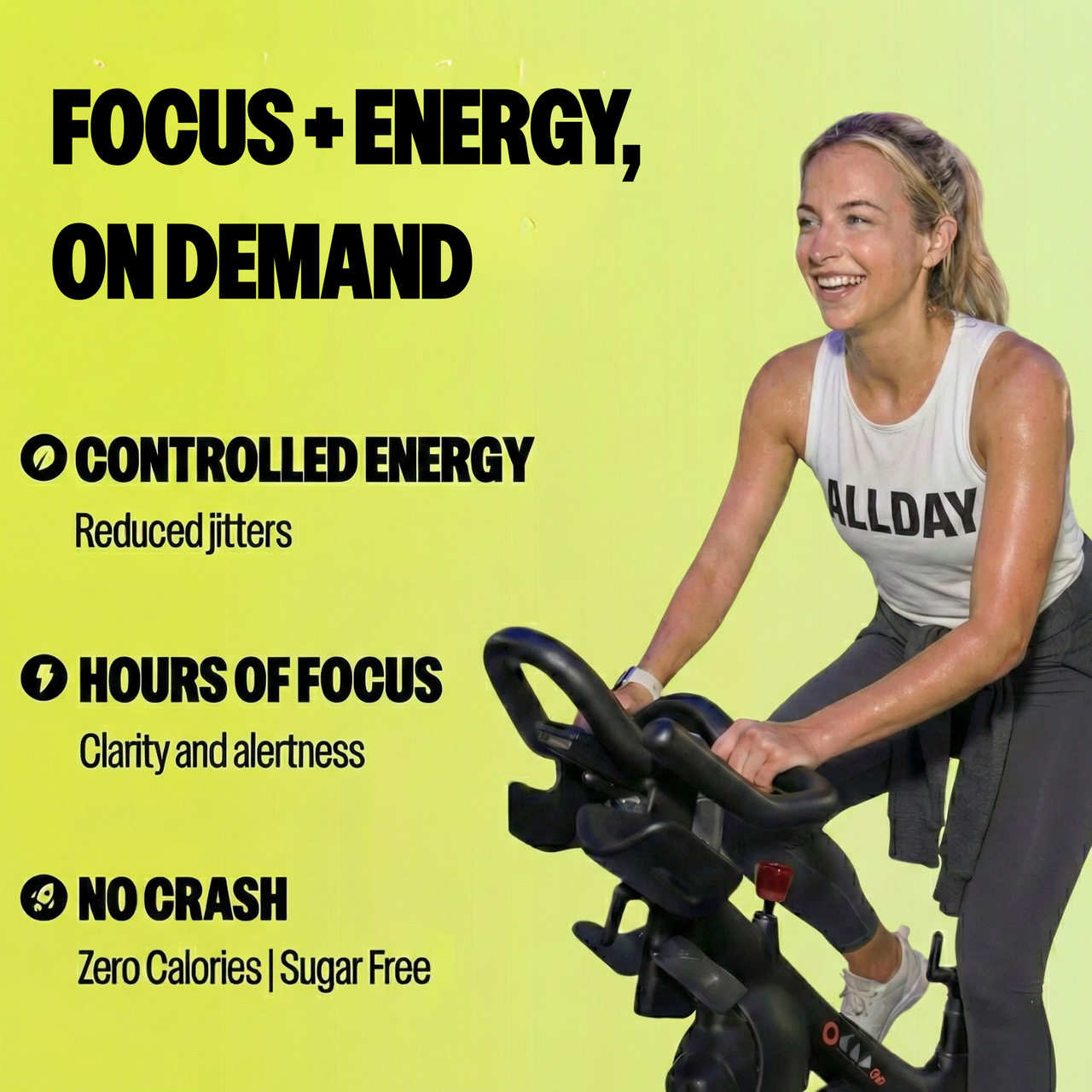 Text on benefits of allday with women in allday gear on bicycle