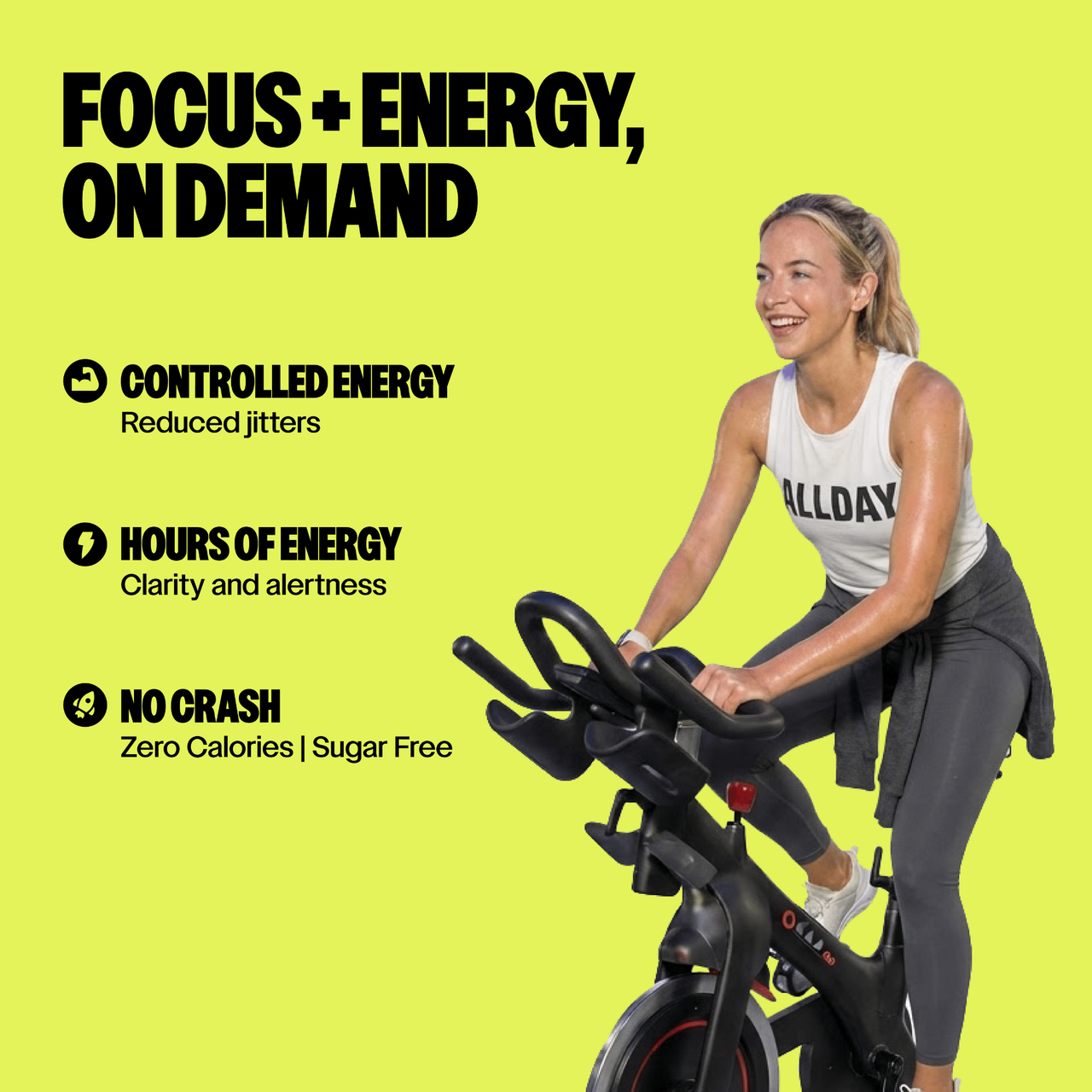 Text on benefits of allday with women in allday gear on bicycle