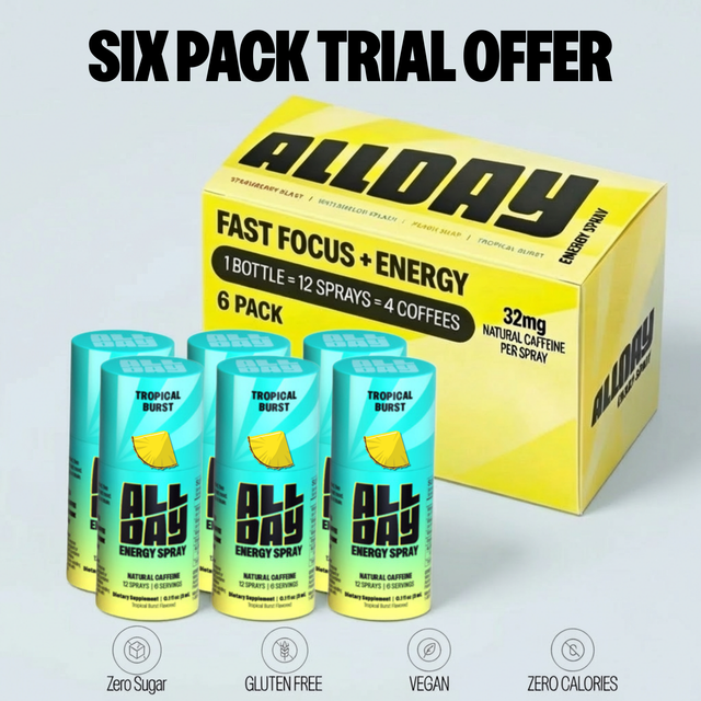 Tropical AllDay energy spray with yellow box on a light gray background
