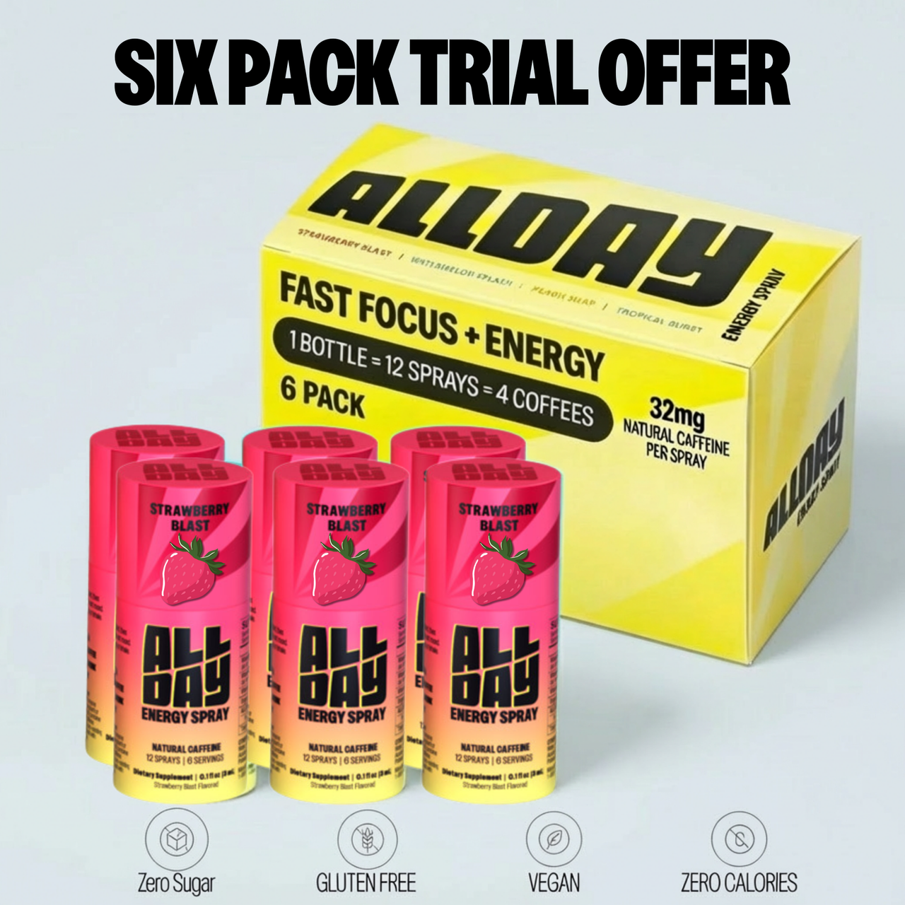 AllDay strawberry energy spray with yellow box on a light gray background