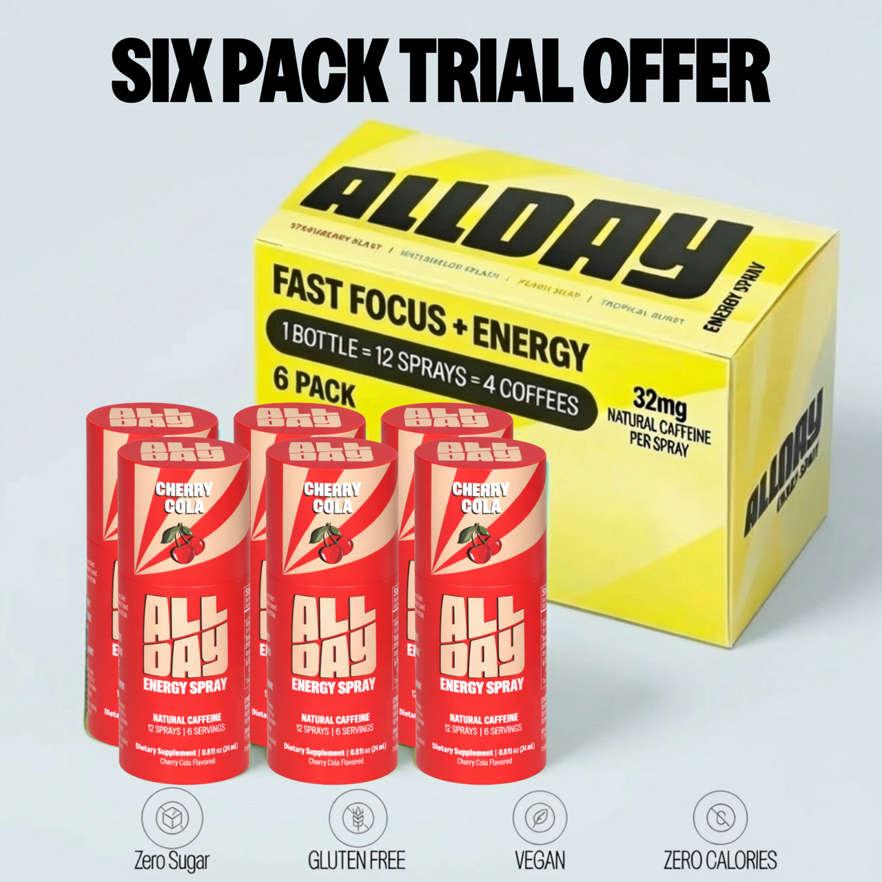 Cherry cola AllDay energy spray with yellow box on a light gray background