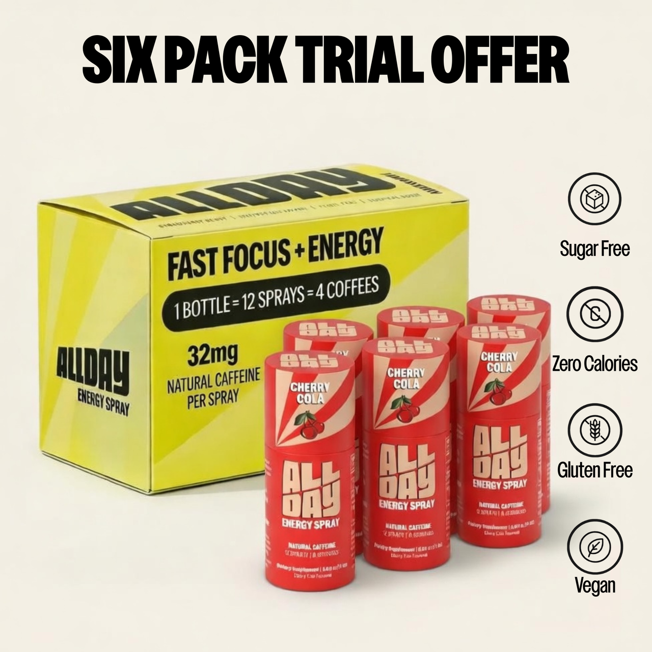 Cherry cola AllDay energy spray with yellow box on a light gray background