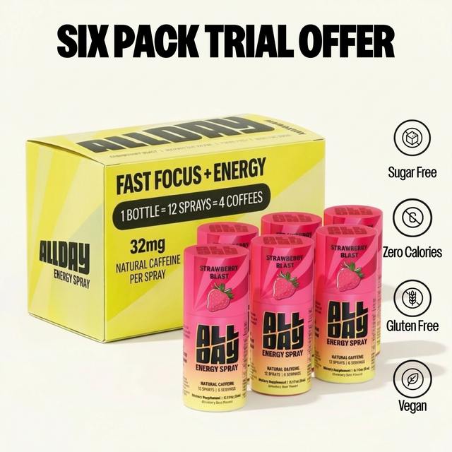 Strawberry AllDay energy spray with yellow box on a light gray background