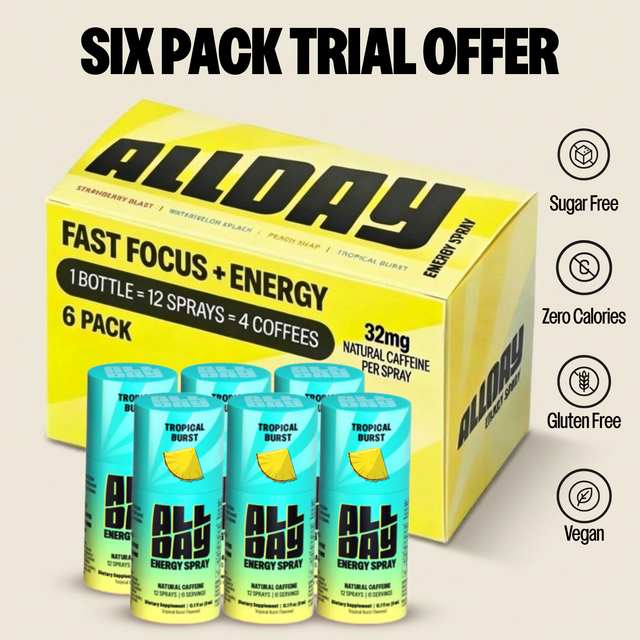 Tropical AllDay energy spray with yellow box on a light gray background
