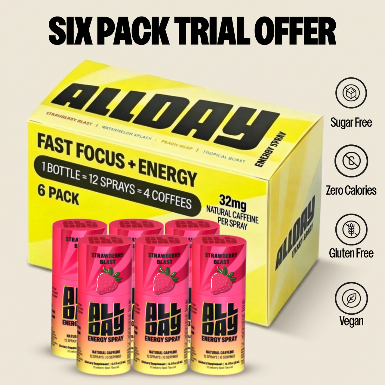 Strawberry AllDay energy spray with yellow box on a light gray background