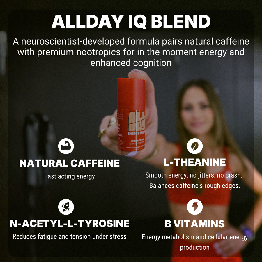 ALLDAY IQ Blend text with person holding red bottle 