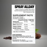 Supplement label for 'Spray All Day' with ingredients and facts on a gray background