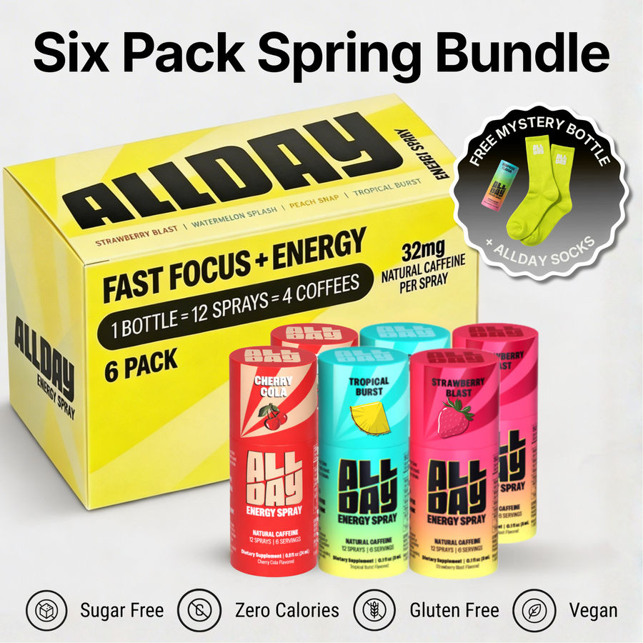 AllDay energy spray packaging with six pack trial offer on a grey background