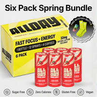 AllDay energy spray packaging with six pack cherry cola offer on a grey background