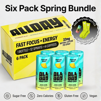 AllDay energy spray packaging with six pack tropical burst offer on a grey background