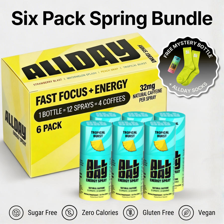 AllDay energy spray packaging with six pack tropical burst offer on a grey background