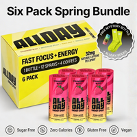 AllDay energy spray packaging with six pack strawberry blast offer on a grey background
