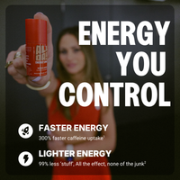 Person holding a red allday energy bottle with promotional text about faster and lighter energy effects.