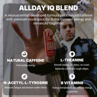 ALLDAY IQ Blend text with person holding red bottle 