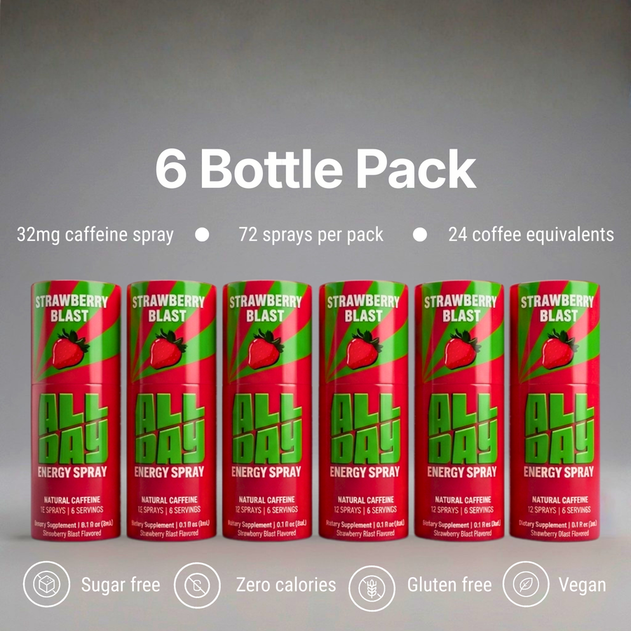 AllDay energy spray packaging with six pack strawberry blast offer on a grey background