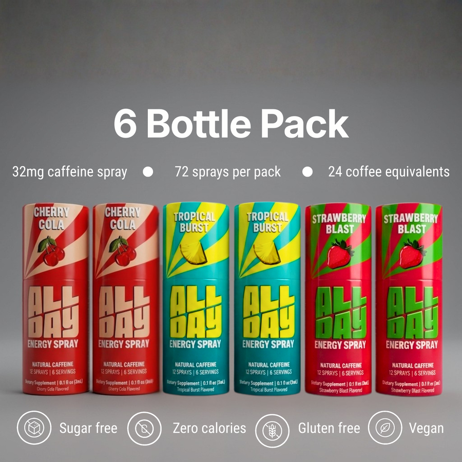 AllDay energy spray packaging with variety pack offer on a grey background