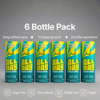AllDay energy spray packaging with six pack tropical burst offer on a grey background