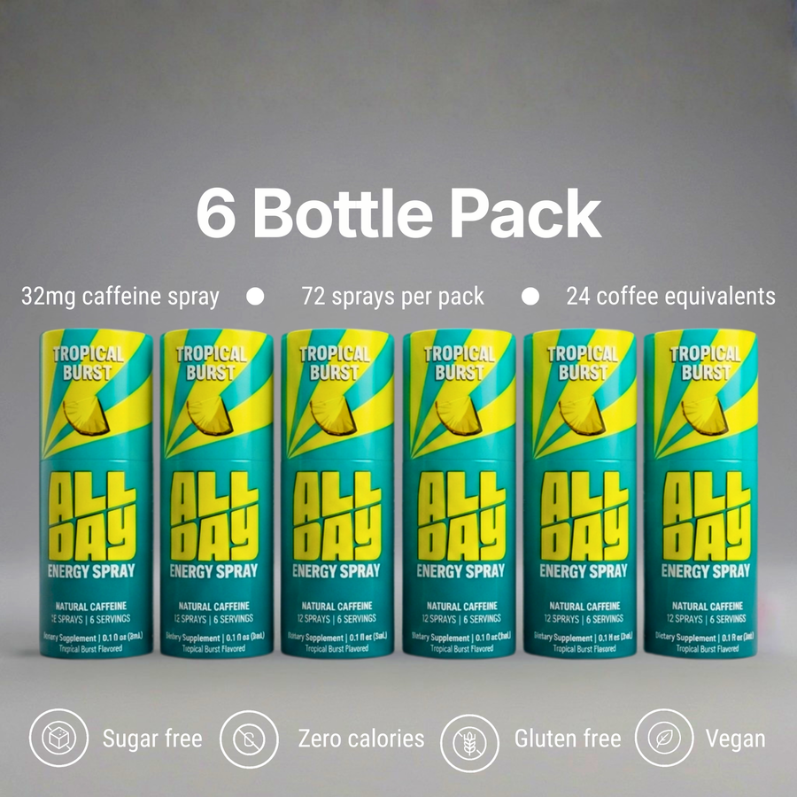 AllDay energy spray packaging with six pack tropical burst offer on a grey background