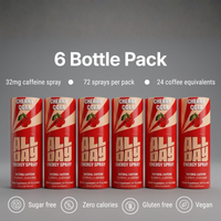 AllDay energy spray packaging with six pack cherry cola offer on a grey background