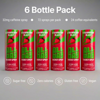 Six bottles of All Day Energy Spray Strawberry with product details on a gray background