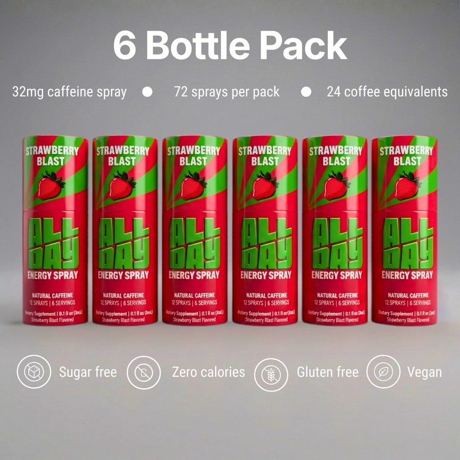 Six bottles of All Day Energy Spray Strawberry with product details on a gray background