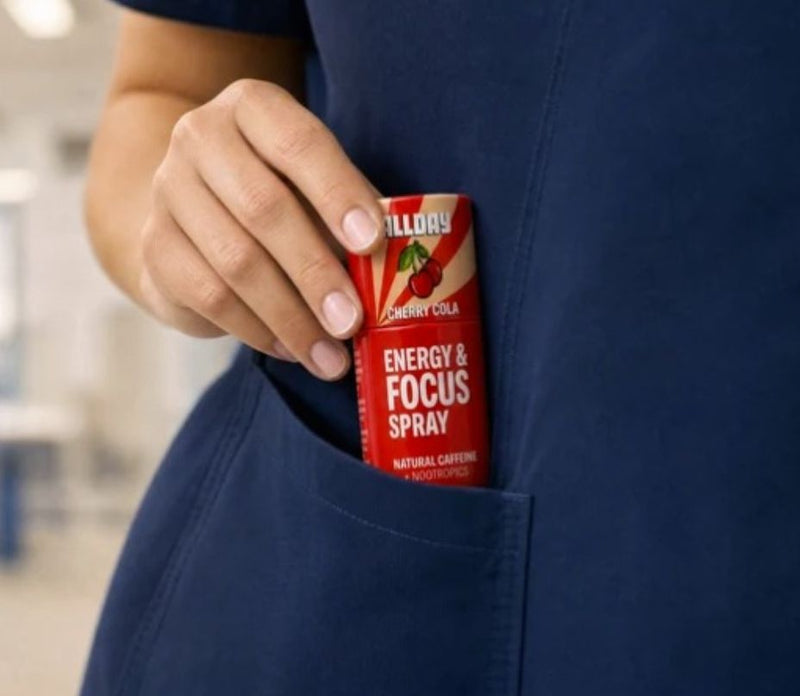 Nurse sliding an AllDay spray bottle into her scrub pocket