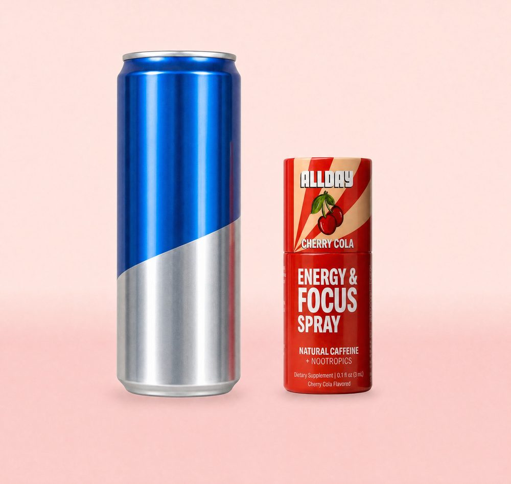 An energy drink can next to an AllDay bottle