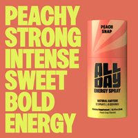 Allday Energy Spray bottle with text on a peach background