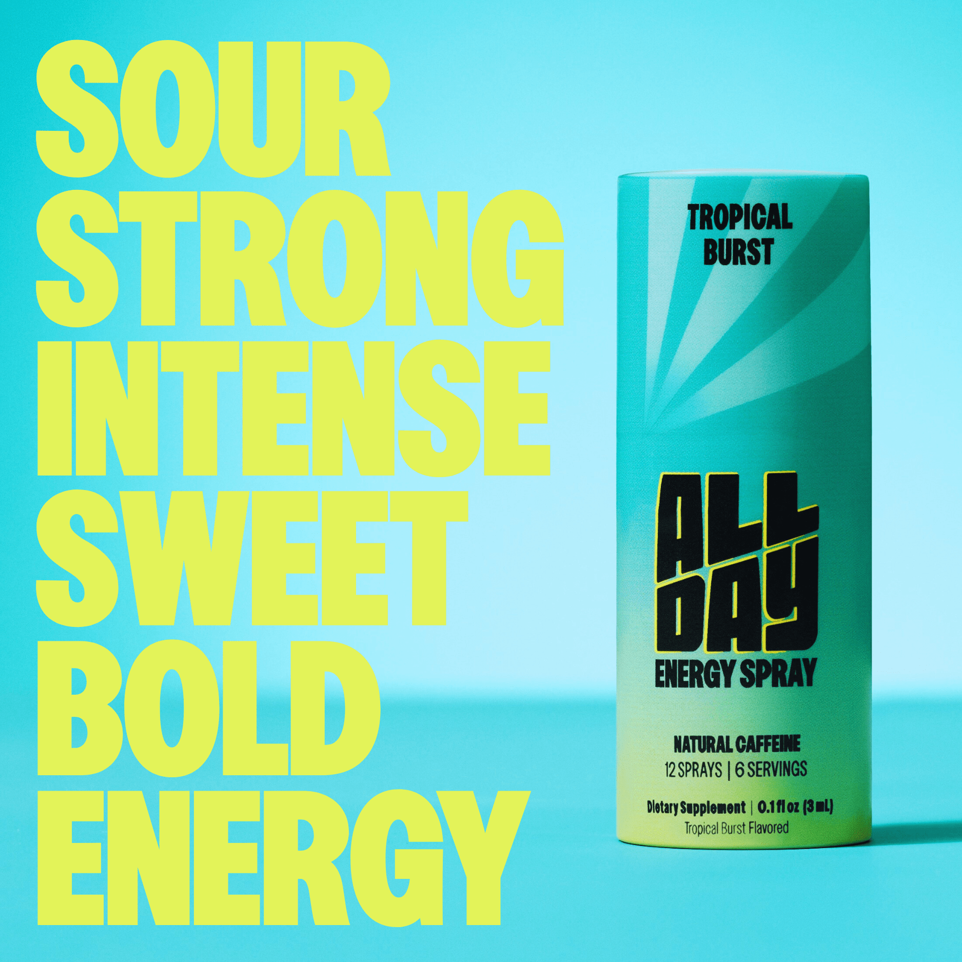 Energy spray container with text on a blue background