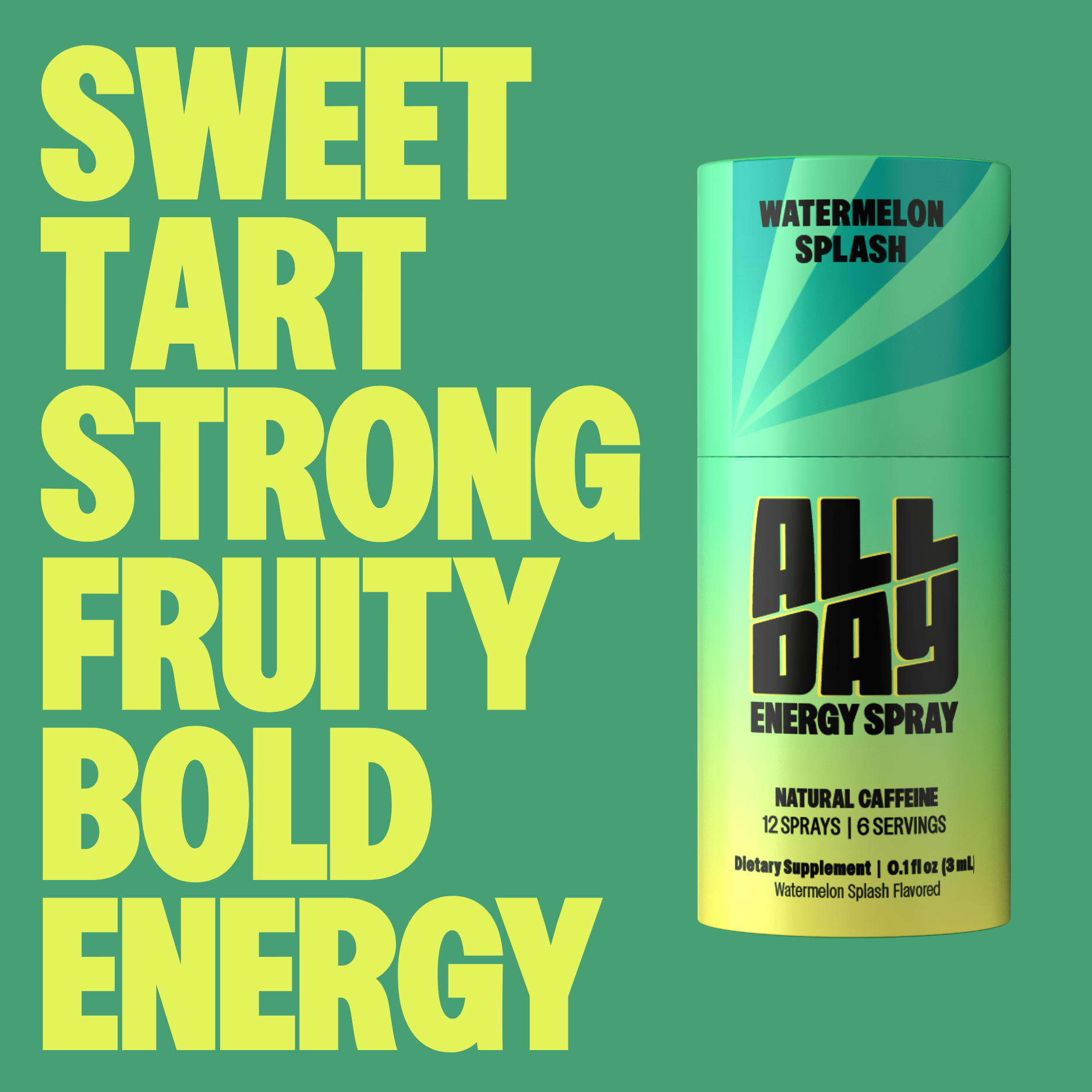 Allday Energy Spray bottle with text on a green background